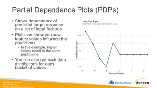 sundog-education.com
datacumulus.com
© 2024 All Rights Reserved Worldwide
Partial Dependence Plots (PDPs)
• Shows dependence of
predicted target response
on a set of input features
• Plots can show you how
feature values influence the
predictions
• In this example, higher
values result in the same
predictions
• You can also get back data
distributions for each
bucket of values
 