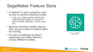 sundog-education.com
datacumulus.com
© 2024 All Rights Reserved Worldwide
SageMaker Feature Store
• A “feature” is just a property used
to train a machine learning model.
• Like, you might predict someone’s
political party based on “features”
such as their address, income, age,
etc.
• Machine learning models require
fast, secure access to feature data
for training.
• It’s also a challenge to keep it
organized and share features
across different models.
Amazon SageMaker
Feature Store
 