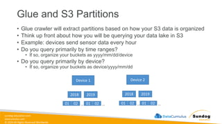 sundog-education.com
datacumulus.com
© 2024 All Rights Reserved Worldwide
Glue and S3 Partitions
• Glue crawler will extract partitions based on how your S3 data is organized
• Think up front about how you will be querying your data lake in S3
• Example: devices send sensor data every hour
• Do you query primarily by time ranges?
• If so, organize your buckets as yyyy/mm/dd/device
• Do you query primarily by device?
• If so, organize your buckets as device/yyyy/mm/dd
Device 1 Device 2
2018 2019 2018 2019
01 02 … 01 02 … 01 02 … 01 02 …
 