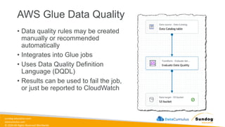sundog-education.com
datacumulus.com
© 2024 All Rights Reserved Worldwide
AWS Glue Data Quality
• Data quality rules may be created
manually or recommended
automatically
• Integrates into Glue jobs
• Uses Data Quality Definition
Language (DQDL)
• Results can be used to fail the job,
or just be reported to CloudWatch
 