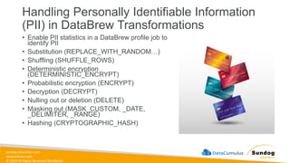 sundog-education.com
datacumulus.com
© 2024 All Rights Reserved Worldwide
Handling Personally Identifiable Information
(PII) in DataBrew Transformations
• Enable PII statistics in a DataBrew profile job to
identify PII
• Substitution (REPLACE_WITH_RANDOM…)
• Shuffling (SHUFFLE_ROWS)
• Deterministic encryption
(DETERMINISTIC_ENCRYPT)
• Probabilistic encryption (ENCRYPT)
• Decryption (DECRYPT)
• Nulling out or deletion (DELETE)
• Masking out (MASK_CUSTOM, _DATE,
_DELIMITER, _RANGE)
• Hashing (CRYPTOGRAPHIC_HASH)
 