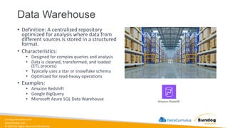 sundog-education.com
datacumulus.com
© 2024 All Rights Reserved Worldwide
Data Warehouse
• Definition: A centralized repository
optimized for analysis where data from
different sources is stored in a structured
format.
• Characteristics:
• Designed for complex queries and analysis
• Data is cleaned, transformed, and loaded
(ETL process)
• Typically uses a star or snowflake schema
• Optimized for read-heavy operations
• Examples:
• Amazon Redshift
• Google BigQuery
• Microsoft Azure SQL Data Warehouse Amazon Redshift
 