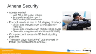 sundog-education.com
datacumulus.com
© 2024 All Rights Reserved Worldwide
Athena Security
• Access control
• IAM, ACLs, S3 bucket policies
• AmazonAthenaFullAccess /
AWSQuicksightAthenaAccess
• Encrypt results at rest in S3 staging directory
• Server-side encryption with S3-managed key
(SSE-S3)
• Server-side encryption with KMS key (SSE-KMS)
• Client-side encryption with KMS key (CSE-KMS)
• Cross-account access in S3 bucket policy
possible
• Transport Layer Security (TLS) encrypts in-
transit (between Athena and S3)
 