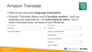 sundog-education.com
datacumulus.com
© 2024 All Rights Reserved Worldwide
Amazon Translate
• Natural and accurate language translation
• Amazon Translate allows you to localize content - such as
websites and applications - for international users, and to
easily translate large volumes of text efficiently.
 