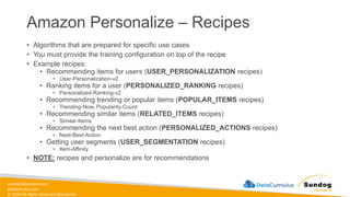 sundog-education.com
datacumulus.com
© 2024 All Rights Reserved Worldwide
Amazon Personalize – Recipes
• Algorithms that are prepared for specific use cases
• You must provide the training configuration on top of the recipe
• Example recipes:
• Recommending items for users (USER_PERSONALIZATION recipes)
• User-Personalization-v2
• Ranking items for a user (PERSONALIZED_RANKING recipes)
• Personalized-Ranking-v2
• Recommending trending or popular items (POPULAR_ITEMS recipes)
• Trending-Now, Popularity-Count
• Recommending similar items (RELATED_ITEMS recipes)
• Similar-Items
• Recommending the next best action (PERSONALIZED_ACTIONS recipes)
• Next-Best-Action
• Getting user segments (USER_SEGMENTATION recipes)
• Item-Affinity
• NOTE: recipes and personalize are for recommendations
 