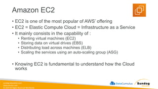 sundog-education.com
datacumulus.com
© 2024 All Rights Reserved Worldwide
Amazon EC2
• EC2 is one of the most popular of AWS’ offering
• EC2 = Elastic Compute Cloud = Infrastructure as a Service
• It mainly consists in the capability of :
• Renting virtual machines (EC2)
• Storing data on virtual drives (EBS)
• Distributing load across machines (ELB)
• Scaling the services using an auto-scaling group (ASG)
• Knowing EC2 is fundamental to understand how the Cloud
works
 