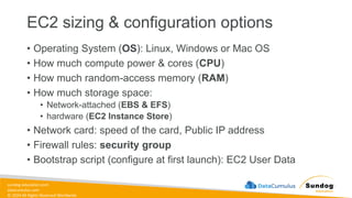 sundog-education.com
datacumulus.com
© 2024 All Rights Reserved Worldwide
EC2 sizing & configuration options
• Operating System (OS): Linux, Windows or Mac OS
• How much compute power & cores (CPU)
• How much random-access memory (RAM)
• How much storage space:
• Network-attached (EBS & EFS)
• hardware (EC2 Instance Store)
• Network card: speed of the card, Public IP address
• Firewall rules: security group
• Bootstrap script (configure at first launch): EC2 User Data
 