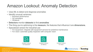 sundog-education.com
datacumulus.com
© 2024 All Rights Reserved Worldwide
Amazon Lookout: Anomaly Detection
• Uses ML to detect and diagnose anomalies
• Identify unusual variances
• Business performance
• Ad campaigns
• Whatever
• Detectors monitor datasets to find anomalies
• The thing you’re optimizing is the measure, the features that influence it are dimensions.
• Specialized version for industrial use
• For equipment: integrate with equipment sensors for predictive maintenance
• For vision: automate quality inspection with computer vision
Amazon Lookout
for Equipment
Amazon Lookout
for Metrics
Amazon Lookout
for Vision
 
