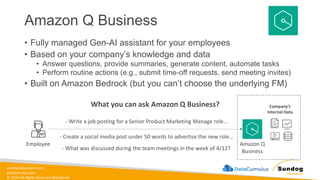 sundog-education.com
datacumulus.com
© 2024 All Rights Reserved Worldwide
Amazon Q Business
• Fully managed Gen-AI assistant for your employees
• Based on your company’s knowledge and data
• Answer questions, provide summaries, generate content, automate tasks
• Perform routine actions (e.g., submit time-off requests, send meeting invites)
• Built on Amazon Bedrock (but you can’t choose the underlying FM)
Amazon Q
Business
Employee
What you can ask Amazon Q Business?
- Write a job posting for a Senior Product Marketing Manage role…
- Create a social media post under 50 words to advertise the new role…
- What was discussed during the team meetings in the week of 4/12?
Company’s
Internal Data
 