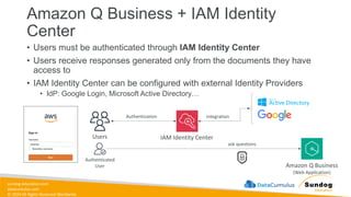 sundog-education.com
datacumulus.com
© 2024 All Rights Reserved Worldwide
Amazon Q Business + IAM Identity
Center
• Users must be authenticated through IAM Identity Center
• Users receive responses generated only from the documents they have
access to
• IAM Identity Center can be configured with external Identity Providers
• IdP: Google Login, Microsoft Active Directory…
Users IAM Identity Center
Authentication
Authenticated
User Amazon Q Business
(Web Application)
ask questions
integration
 
