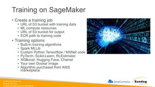sundog-education.com
datacumulus.com
© 2024 All Rights Reserved Worldwide
Training on SageMaker
• Create a training job
• URL of S3 bucket with training data
• ML compute resources
• URL of S3 bucket for output
• ECR path to training code
• Training options
• Built-in training algorithms
• Spark MLLib
• Custom Python Tensorflow / MXNet code
• PyTorch, Scikit-Learn, RLEstimator
• XGBoost, Hugging Face, Chainer
• Your own Docker image
• Algorithm purchased from AWS
marketplace
 