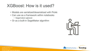 sundog-education.com
datacumulus.com
© 2024 All Rights Reserved Worldwide
XGBoost: How is it used?
• Models are serialized/deserialized with Pickle
• Can use as a framework within notebooks
• Sagemaker.xgboost
• Or as a built-in SageMaker algorithm
 