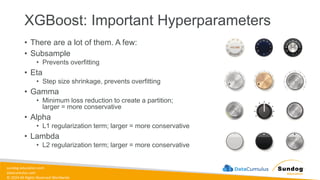 sundog-education.com
datacumulus.com
© 2024 All Rights Reserved Worldwide
XGBoost: Important Hyperparameters
• There are a lot of them. A few:
• Subsample
• Prevents overfitting
• Eta
• Step size shrinkage, prevents overfitting
• Gamma
• Minimum loss reduction to create a partition;
larger = more conservative
• Alpha
• L1 regularization term; larger = more conservative
• Lambda
• L2 regularization term; larger = more conservative
 