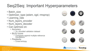 sundog-education.com
datacumulus.com
© 2024 All Rights Reserved Worldwide
Seq2Seq: Important Hyperparameters
• Batch_size
• Optimizer_type (adam, sgd, rmsprop)
• Learning_rate
• Num_layers_encoder
• Num_layers_decoder
• Can optimize on:
• Accuracy
• Vs. provided validation dataset
• BLEU score
• Compares against multiple reference
translations
• Perplexity
• Cross-entropy
 