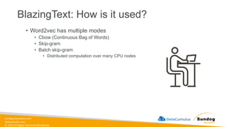 sundog-education.com
datacumulus.com
© 2024 All Rights Reserved Worldwide
BlazingText: How is it used?
• Word2vec has multiple modes
• Cbow (Continuous Bag of Words)
• Skip-gram
• Batch skip-gram
• Distributed computation over many CPU nodes
 
