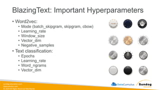 sundog-education.com
datacumulus.com
© 2024 All Rights Reserved Worldwide
BlazingText: Important Hyperparameters
• Word2vec:
• Mode (batch_skipgram, skipgram, cbow)
• Learning_rate
• Window_size
• Vector_dim
• Negative_samples
• Text classification:
• Epochs
• Learning_rate
• Word_ngrams
• Vector_dim
 