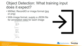 sundog-education.com
datacumulus.com
© 2024 All Rights Reserved Worldwide
Object Detection: What training input
does it expect?
• MXNet: RecordIO or image format (jpg
or png)
• With image format, supply a JSON file
for annotation data for each image
{
"file": "your_image_directory/sample_image1.jpg",
"image_size": [
{
"width": 500,
"height": 400,
"depth": 3
}
],
"annotations": [
{
"class_id": 0,
"left": 111,
"top": 134,
"width": 61,
"height": 128
},
],
"categories": [
{
"class_id": 0,
"name": "dog"
},
]
}
 