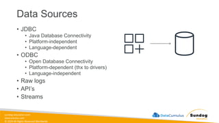 sundog-education.com
datacumulus.com
© 2024 All Rights Reserved Worldwide
Data Sources
• JDBC
• Java Database Connectivity
• Platform-independent
• Language-dependent
• ODBC
• Open Database Connectivity
• Platform-dependent (thx to drivers)
• Language-independent
• Raw logs
• API’s
• Streams
 