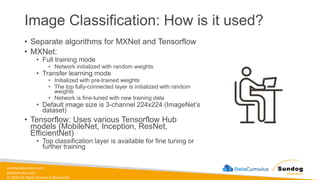 sundog-education.com
datacumulus.com
© 2024 All Rights Reserved Worldwide
Image Classification: How is it used?
• Separate algorithms for MXNet and Tensorflow
• MXNet:
• Full training mode
• Network initialized with random weights
• Transfer learning mode
• Initialized with pre-trained weights
• The top fully-connected layer is initialized with random
weights
• Network is fine-tuned with new training data
• Default image size is 3-channel 224x224 (ImageNet’s
dataset)
• Tensorflow: Uses various Tensorflow Hub
models (MobileNet, Inception, ResNet,
EfficientNet)
• Top classification layer is available for fine tuning or
further training
 