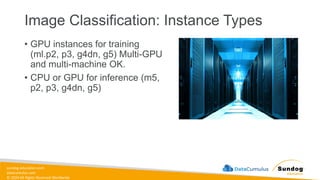 sundog-education.com
datacumulus.com
© 2024 All Rights Reserved Worldwide
Image Classification: Instance Types
• GPU instances for training
(ml.p2, p3, g4dn, g5) Multi-GPU
and multi-machine OK.
• CPU or GPU for inference (m5,
p2, p3, g4dn, g5)
 