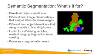 sundog-education.com
datacumulus.com
© 2024 All Rights Reserved Worldwide
Semantic Segmentation: What’s it for?
• Pixel-level object classification
• Different from image classification –
that assigns labels to whole images
• Different from object detection – that
assigns labels to bounding boxes
• Useful for self-driving vehicles,
medical imaging diagnostics, robot
sensing
• Produces a segmentation mask
 