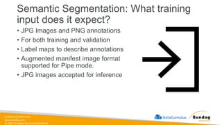 sundog-education.com
datacumulus.com
© 2024 All Rights Reserved Worldwide
Semantic Segmentation: What training
input does it expect?
• JPG Images and PNG annotations
• For both training and validation
• Label maps to describe annotations
• Augmented manifest image format
supported for Pipe mode.
• JPG images accepted for inference
 