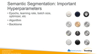 sundog-education.com
datacumulus.com
© 2024 All Rights Reserved Worldwide
Semantic Segmentation: Important
Hyperparameters
• Epochs, learning rate, batch size,
optimizer, etc
• Algorithm
• Backbone
 