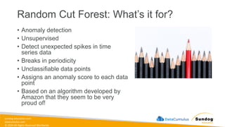 sundog-education.com
datacumulus.com
© 2024 All Rights Reserved Worldwide
Random Cut Forest: What’s it for?
• Anomaly detection
• Unsupervised
• Detect unexpected spikes in time
series data
• Breaks in periodicity
• Unclassifiable data points
• Assigns an anomaly score to each data
point
• Based on an algorithm developed by
Amazon that they seem to be very
proud of!
 