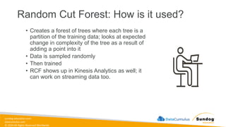 sundog-education.com
datacumulus.com
© 2024 All Rights Reserved Worldwide
Random Cut Forest: How is it used?
• Creates a forest of trees where each tree is a
partition of the training data; looks at expected
change in complexity of the tree as a result of
adding a point into it
• Data is sampled randomly
• Then trained
• RCF shows up in Kinesis Analytics as well; it
can work on streaming data too.
 