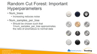 sundog-education.com
datacumulus.com
© 2024 All Rights Reserved Worldwide
Random Cut Forest: Important
Hyperparameters
• Num_trees
• Increasing reduces noise
• Num_samples_per_tree
• Should be chosen such that
1/num_samples_per_tree approximates
the ratio of anomalous to normal data
 