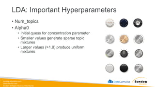 sundog-education.com
datacumulus.com
© 2024 All Rights Reserved Worldwide
LDA: Important Hyperparameters
• Num_topics
• Alpha0
• Initial guess for concentration parameter
• Smaller values generate sparse topic
mixtures
• Larger values (>1.0) produce uniform
mixtures
 