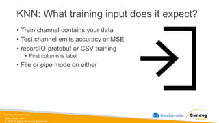 sundog-education.com
datacumulus.com
© 2024 All Rights Reserved Worldwide
KNN: What training input does it expect?
• Train channel contains your data
• Test channel emits accuracy or MSE
• recordIO-protobuf or CSV training
• First column is label
• File or pipe mode on either
 