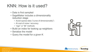 sundog-education.com
datacumulus.com
© 2024 All Rights Reserved Worldwide
KNN: How is it used?
• Data is first sampled
• SageMaker includes a dimensionality
reduction stage
• Avoid sparse data (“curse of dimensionality”)
• At cost of noise / accuracy
• “sign” or “fjlt” methods
• Build an index for looking up neighbors
• Serialize the model
• Query the model for a given K
 