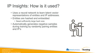 sundog-education.com
datacumulus.com
© 2024 All Rights Reserved Worldwide
IP Insights: How is it used?
• Uses a neural network to learn latent vector
representations of entities and IP addresses.
• Entities are hashed and embedded
• Need sufficiently large hash size
• Automatically generates negative samples
during training by randomly pairing entities
and IP’s
 