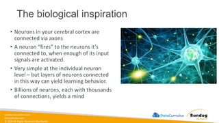 sundog-education.com
datacumulus.com
© 2024 All Rights Reserved Worldwide
The biological inspiration
• Neurons in your cerebral cortex are
connected via axons
• A neuron “fires” to the neurons it’s
connected to, when enough of its input
signals are activated.
• Very simple at the individual neuron
level – but layers of neurons connected
in this way can yield learning behavior.
• Billions of neurons, each with thousands
of connections, yields a mind
 