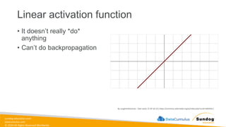 sundog-education.com
datacumulus.com
© 2024 All Rights Reserved Worldwide
Linear activation function
• It doesn’t really *do*
anything
• Can’t do backpropagation
By Laughsinthestocks - Own work, CC BY-SA 4.0, https://commons.wikimedia.org/w/index.php?curid=44920411
 