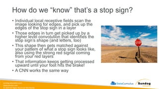 sundog-education.com
datacumulus.com
© 2024 All Rights Reserved Worldwide
How do we “know” that’s a stop sign?
• Individual local receptive fields scan the
image looking for edges, and pick up the
edges of the stop sign in a layer
• Those edges in turn get picked up by a
higher level convolution that identifies the
stop sign’s shape (and letters, too)
• This shape then gets matched against
your pattern of what a stop sign looks like,
also using the strong red signal coming
from your red layers
• That information keeps getting processed
upward until your foot hits the brake!
• A CNN works the same way
 