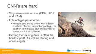 sundog-education.com
datacumulus.com
© 2024 All Rights Reserved Worldwide
CNN’s are hard
• Very resource-intensive (CPU, GPU,
and RAM)
• Lots of hyperparameters
• Kernel sizes, many layers with different
numbers of units, amount of pooling… in
addition to the usual stuff like number of
layers, choice of optimizer
• Getting the training data is often the
hardest part! (As well as storing and
accessing it)
 