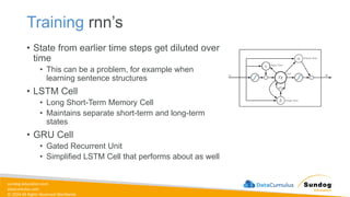 sundog-education.com
datacumulus.com
© 2024 All Rights Reserved Worldwide
Training rnn’s
• State from earlier time steps get diluted over
time
• This can be a problem, for example when
learning sentence structures
• LSTM Cell
• Long Short-Term Memory Cell
• Maintains separate short-term and long-term
states
• GRU Cell
• Gated Recurrent Unit
• Simplified LSTM Cell that performs about as well
 