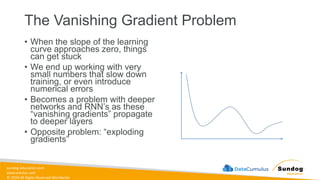 sundog-education.com
datacumulus.com
© 2024 All Rights Reserved Worldwide
The Vanishing Gradient Problem
• When the slope of the learning
curve approaches zero, things
can get stuck
• We end up working with very
small numbers that slow down
training, or even introduce
numerical errors
• Becomes a problem with deeper
networks and RNN’s as these
“vanishing gradients” propagate
to deeper layers
• Opposite problem: “exploding
gradients”
 