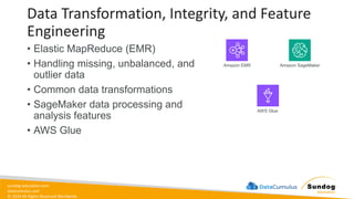 sundog-education.com
datacumulus.com
© 2024 All Rights Reserved Worldwide
Data Transformation, Integrity, and Feature
Engineering
• Elastic MapReduce (EMR)
• Handling missing, unbalanced, and
outlier data
• Common data transformations
• SageMaker data processing and
analysis features
• AWS Glue
Amazon EMR Amazon SageMaker
AWS Glue
 
