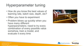 sundog-education.com
datacumulus.com
© 2024 All Rights Reserved Worldwide
Hyperparameter tuning
• How do you know the best values of
learning rate, batch size, depth, etc?
• Often you have to experiment
• Problem blows up quickly when you
have many different
hyperparameters; need to try every
combination of every possible value
somehow, train a model, and
evaluate it every time
 