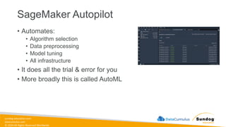 sundog-education.com
datacumulus.com
© 2024 All Rights Reserved Worldwide
SageMaker Autopilot
• Automates:
• Algorithm selection
• Data preprocessing
• Model tuning
• All infrastructure
• It does all the trial & error for you
• More broadly this is called AutoML
 