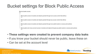 sundog-education.com
datacumulus.com
© 2024 All Rights Reserved Worldwide
Bucket settings for Block Public Access
• These settings were created to prevent company data leaks
• If you know your bucket should never be public, leave these on
• Can be set at the account level
 