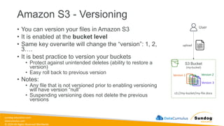 sundog-education.com
datacumulus.com
© 2024 All Rights Reserved Worldwide
Amazon S3 - Versioning
• You can version your files in Amazon S3
• It is enabled at the bucket level
• Same key overwrite will change the “version”: 1, 2,
3….
• It is best practice to version your buckets
• Protect against unintended deletes (ability to restore a
version)
• Easy roll back to previous version
• Notes:
• Any file that is not versioned prior to enabling versioning
will have version “null”
• Suspending versioning does not delete the previous
versions
S3 Bucket
(my-bucket)
s3://my-bucket/my-file.docx
User
upload
Version 1 Version 2
Version 3
 