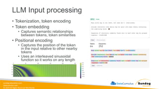 sundog-education.com
datacumulus.com
© 2024 All Rights Reserved Worldwide
LLM Input processing
• Tokenization, token encoding
• Token embedding
• Captures semantic relationships
between tokens, token similarities
• Positional encoding
• Captures the position of the token
in the input relative to other nearby
tokens
• Uses an interleaved sinusoidal
function so it works on any length
 