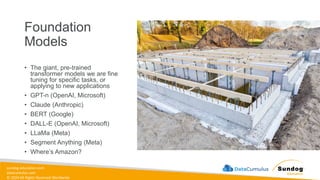 sundog-education.com
datacumulus.com
© 2024 All Rights Reserved Worldwide
Foundation
Models
• The giant, pre-trained
transformer models we are fine
tuning for specific tasks, or
applying to new applications
• GPT-n (OpenAI, Microsoft)
• Claude (Anthropic)
• BERT (Google)
• DALL-E (OpenAI, Microsoft)
• LLaMa (Meta)
• Segment Anything (Meta)
• Where’s Amazon?
 