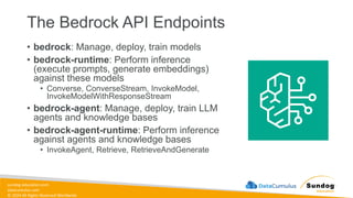sundog-education.com
datacumulus.com
© 2024 All Rights Reserved Worldwide
The Bedrock API Endpoints
• bedrock: Manage, deploy, train models
• bedrock-runtime: Perform inference
(execute prompts, generate embeddings)
against these models
• Converse, ConverseStream, InvokeModel,
InvokeModelWithResponseStream
• bedrock-agent: Manage, deploy, train LLM
agents and knowledge bases
• bedrock-agent-runtime: Perform inference
against agents and knowledge bases
• InvokeAgent, Retrieve, RetrieveAndGenerate
 