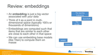 sundog-education.com
datacumulus.com
© 2024 All Rights Reserved Worldwide
• An embedding is just a big vector
associated with your data
• Think of it as a point in multi-
dimensional space (typically 100’s or
thousands of dimensions)
• Embeddings are computed such that
items that are similar to each other
are close to each other in that space
• We can use embedding base models
(like Titan) to compute them en
masse
Review: embeddings
The starship
Enterprise
Spaceballs
The
Orville
potato
rhubarb
 