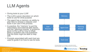 sundog-education.com
datacumulus.com
© 2024 All Rights Reserved Worldwide
• Giving tools to your LLM!
• The LLM is given discretion on which
tools to use for what purpose
• The agent has a memory, an ability to
plan how to answer a request, and
tools it can use in the process.
• In practice, the “memory” is just the
chat history and external data stores,
and the “planning module” is guidance
given to the LLM on how to break
down a question into sub-questions
that the tools might be able to help
with.
• Prompts associated with each tool are
used to guide it on how to use its tools.
LLM Agents
Memory
Agent Core
Planning
Module
Tools Core
User
Request
Conceptual diagram of an LLM agent, as described by Nvidia
(https://developer.nvidia.com/blog/introduction-to-llm-agents)
 